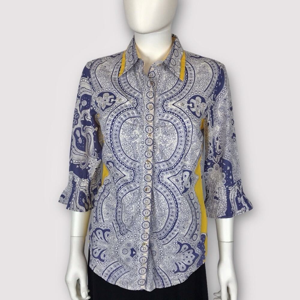 Robert Graham Button Blouse Blue Yellow Silver Embroidered Paisley Floral